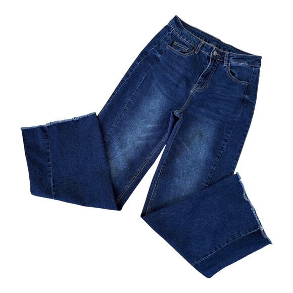 High Rise Wide Leg Panel Jeans Raw Hem Dark Wash 2000s Y2K Retro Street Blue - Picture 2 of 6